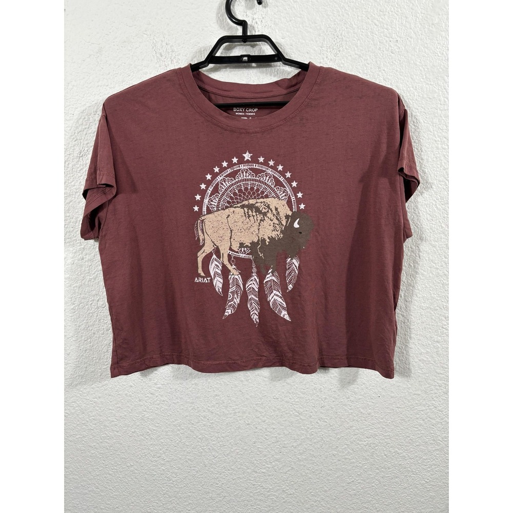 Ariat Shirt Womens Large Burgundy Boxy Crop Buffalo Graphic Western Tee Boho